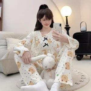 M 5XL Soft Comfortable Cloud Cotton Pajamas Cartoon Printed Sleepwear Long sleeved Sweet Cute Nightshirts Casual Home Wear Sets