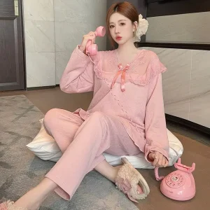 M-5XL Sweet Lace Trim Women Pajamas Cotton Thermal Princess Wind Sleepwear Winter New Home Wear Nightshirts Sets