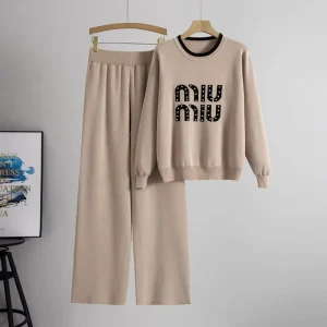 MIU Fashion Women’s Elegant Anti wrinkle Loose Spring Autumn New Nylon Cotton Letter Color blocking Beaded Knitted Sweater