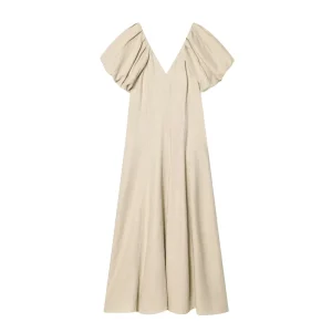 MYST&ZA Women’s Clothing Summer New Fashionable Simple V neck Puff Sleeve Linen Midi Dress 2604727