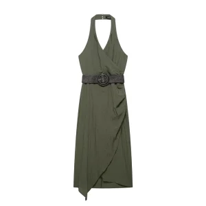 MYST&ZA Women’s Summer New Fashionable Simple Belted Halter Neck Sleeveless Blended Fabric Dress 0387078