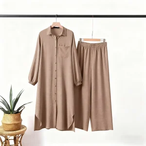 Malaysian Muslim Women’s Spring Casual Long Sleeve Abaya Set Plus Size Polyester Fashion