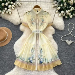 Manufacturer Clothing Women’S Vacation Floral Print Dress Slim Waist-Defining A-Line Office Clothes Women Dress
