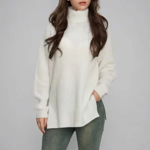 Manufacturer Custom Knit Turtleneck Sweater Pullovers Women’s Knitwear Clothing Knitted Side Silt Sweater for Ladies