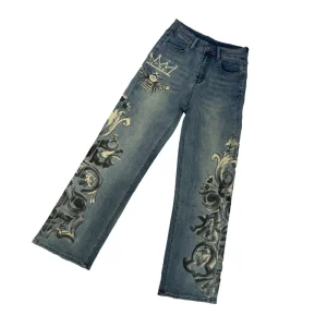 Manufacturer Custom Vintage Washed Print Straight Fit Side Pockets Women’s Jeans