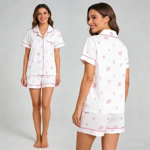 Manufacturer Custom Women’s Bamboo Pajamas Short Sleeve Sleepwear Set Printed Family Sleepwear