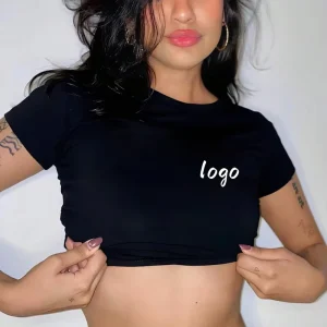 Manufacturer Customized Women’s Slim Fit Crop Top Stretchy Baby Tee Rhinestone Neck Embroidery Printed Fitness Cropped T Shirt
