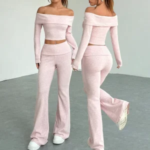 Manufacturer Daily Casual Loungewear Long Sleeve Flattering Shoulder Crop Fold Waist Flare Pants Women Lounger Set Breathable