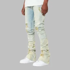 Manufacturer Male Skinny Jeans Bleach Spots Denim Bottoms OEM ODM Low MOQ Private Label Stacked Faded Blue Slacks Clothing Gear