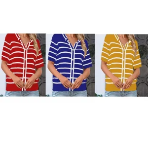 Manufacturer OEM ODM Custom Contrast Stripe Women’s Short Sleeves Cardigan Sweater Crewneck Buttons Knitwear Shirt