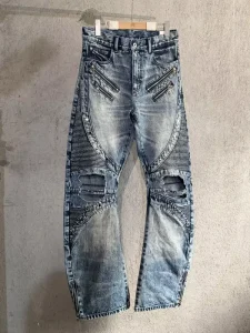 Manufacturer OEM ODM Men Biker Jeans Multi Zipper Ribbed Pleated Denim Pants Snowy Tinted Ripped Moto Trousers
