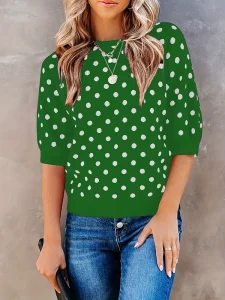 Manufacturer OEM ODM Women’s Summer Polka Dot Crew Neck Pullover Sweater Casual Half Sleeve Knitted Top