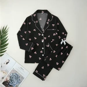Manufacturer Printed Elastic Waist Long Sleeved Lapel Two-Piece Set for Women’s Sleepwear Suitable for Home Wear Set