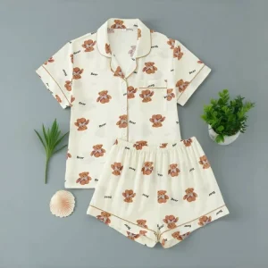 Manufacturer Printed Elastic Waist Short Sleeved Lapel Two piece Set for Women’s Sleepwear Suitable for Home Wear Set