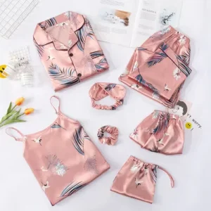 Manufacturer Supply Fashion Custom Printed Ladies Pajamas Soft Modal Silk Pjs Women’S Sleepwear 7 Piece Set Sleepwear