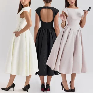 Manufacturer Women’s High Quality Dress Simple & Elegant Dress Mock Neck Open Back Sleeveless Solid Midi Dress
