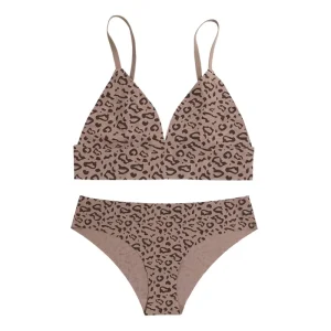 Matching Deep V Female Bra Panties Triangle Bralette Top Seamless Women’s Underwear Leopard Print Push up Bra Sets