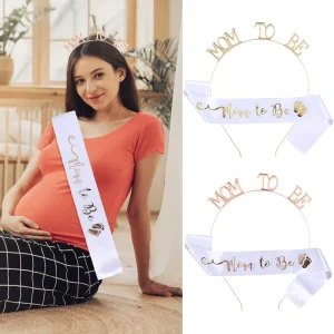 Maternity Baby Shower Metallic Iron Headpiece Shoulder Strap 2 Piece Set Women’s Headband Waist Sash Formal Ribbon