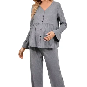 Maternity Button Front Peplum Top Pajamas Pants Adjustable Waist Sleep Clothes Wear Pregnant Women Maternity Clothing Set