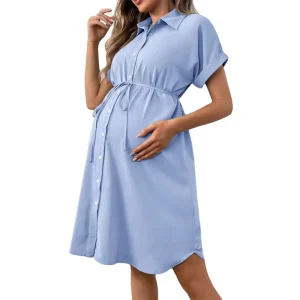 Maternity Clothes Dresses Summer Short Sleeved Button Casual Maternity Skirt Waistband Shirt Maternity Dress