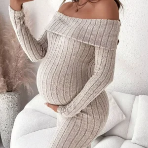 Maternity Clothes Photoshoot Clothing Autumn Winter One shoulder Slimming Body hugging Long sleeved Knitted Pregnant Women Dress