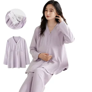Maternity Clothing Long Sleeved Pajamas Breastfeeding Solid Color Adjustable Waistband Wearable Outdoor Home Suit
