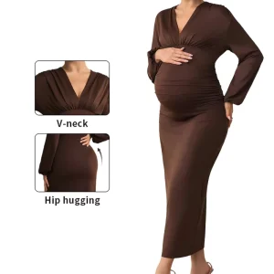 Maternity Dress Pregnant Women Autumn V neck Long Sleeve Slim Fit Casual Women Long Dress