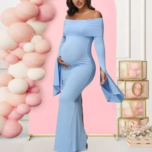 Maternity Dress Women Maternity Long Dress for Photoshoot Off Shoulder Bell Sleeve Casual Dress