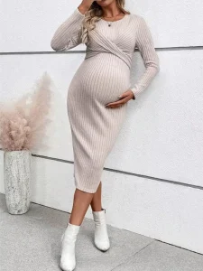 Maternity Dresses Long Sleeve Twist Knot Slim Fit Elegant Gowns for Pregnant Women Daily Party Casual European American Wear