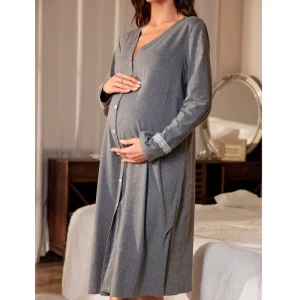 Maternity Dresses Pregnant Women Maternity Single Breasted Long Sleeve Nightgown for Mother Pajama Dress
