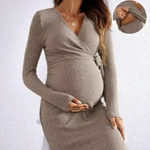 Maternity Front Tie Long Sleeve Minimalist Short Dress Women’s Nursing Dress
