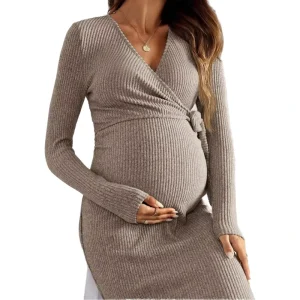 Maternity Front Tie Long Sleeve Minimalist Short Trousers Women’s Nursing Autumn Breathable Eco-Friendly Polyester/Cotton Blend