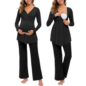 Maternity Lounge Clothes Long Sleeve Nursing Baby Tops and Pants Sleepwear Pajama Set for Pregnant Woman