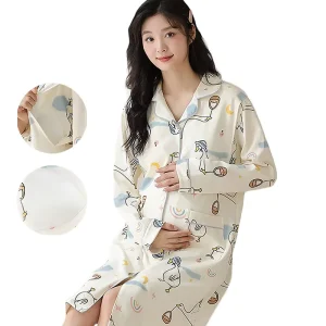 Maternity Nightgown Nursing Pajamas Set with Chest Pad Postpartum Confinement Clothes Maternity Dress Pants