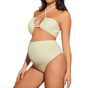 Maternity One Piece Swimsuits for Women Ribbed Cutout High Waist Maternity Bathing Suits Tie Knot Pregnancy Swimwear