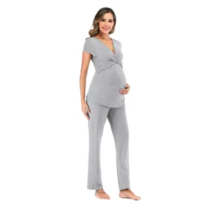 Maternity Pajamas Set for Spring Pregnant Women’s Nursing Clothes with Tops and Pants for Breastfeeding