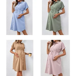 Maternity Shirt Dress Short Sleeve Lapel Drawstring Waist Button Down Casual Daily Wear Pregnant Women Dress in Stock