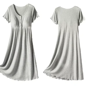 Maternity Short-sleeved Nursing Dress Round Summer Pajamas for Pregnancy M-2XL Black/Grey/Green