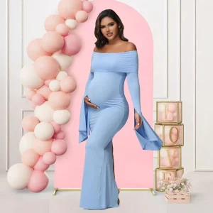 Maternity Wear Foreign Trade Bell-Sleeve Off-Shoulder Slim-Fit Bodycon Slit Evening Dress Polyester Long