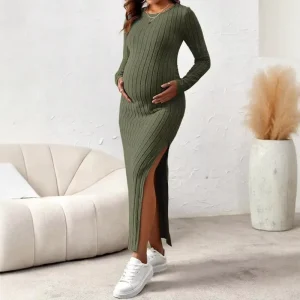 Maternity Wear Round Neck Long Sleeve Summer High Slit Knitted Slim Fit Polyester Spandex Maternity