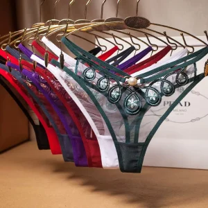 Mature Women Lace Mesh Pearl Thong Panties Underwear Women’s Sexy Transparent Low rise Embroidery Woman Lace Thongs