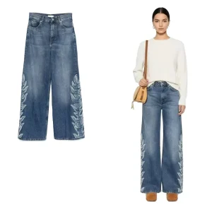 Medium Wash Wide Leg Women’s Jeans With Side Embroidery Loose Denim Jeans Women 100% Cotton OEM