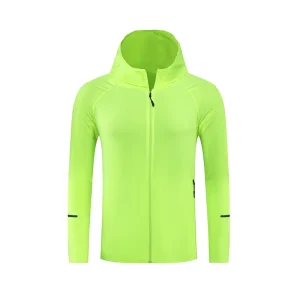 Men Women Hooded Running Windbreakers Lightweight Sports Jackets Spring Solid Fluorescent Long Sleeved Casual Zippered Quick Dry