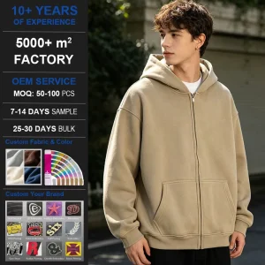 Men Zip Up Oversized Hoodie Custom Logo Print And Embroidery Heavy Fleece Blank Zip Hooded Jacket Sweatshirt OEM