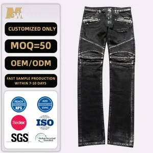 Men’s Black Biker Distressed Jeans Ribbed Knee Wax Coated Denim Pants Zipper Pocket Streetwear Trousers OEM ODM