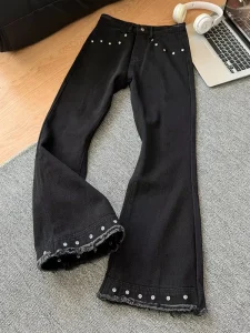 Men’s Black Jeans Studded Denim Pants OEM ODM Factory Price Streetwear Raw Hem Wide Leg Trousers Bulk Custom Logo