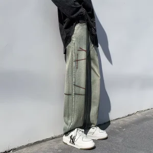 Men’s Denim Jeans Spring Korean Style Straight Casual Washed Solid Mid Rise Youth Polyester Cotton