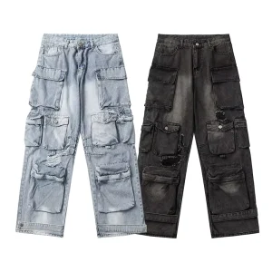 Men’s Multi Pocket Cargo Jeans Baggy Wide Leg Denim Pants OEM ODM Factory Price High Street Utility Trousers Apparel