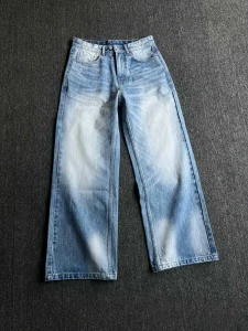 Men’s Wide Leg Jeans Vintage Wash Light Blue Distressed Denim Pants OEM ODM Manufacturer Custom Logo Bulk Trousers