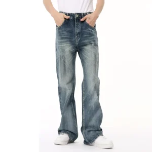 Menswear American-style Vintage Distressed Tonal Wash Paint Splatter Boot Cut Mid Waist Summer Denim Mens Jeans